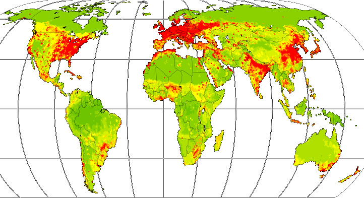 Ellis et al: de rode gebieden hebben de grootste door mensen veroorzaakte verandering in soortsamenstelling. Dit duidt niet op uitsterven maar verandering. Groen is grotendeels onveranderd
