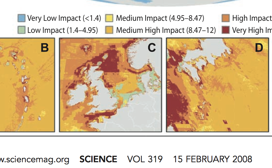 Bron: Halpern et al, Science 2008, zie figuur C: groen betekent lage ecologische impact