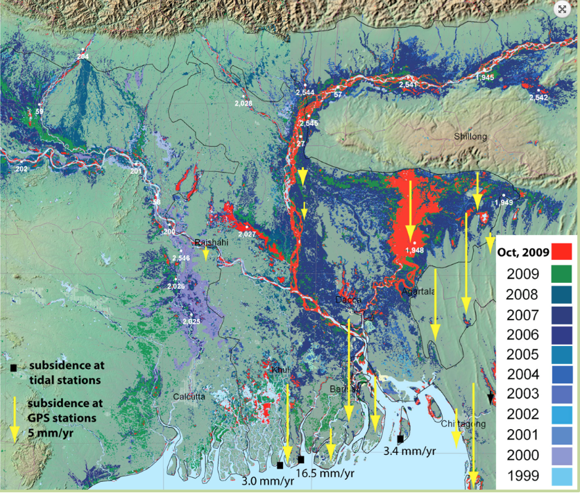 De delta van Bangladesh klinkt in, bodemdaling is hier het probleem. net als in New Orleans overigens en Bandung Indonesie
