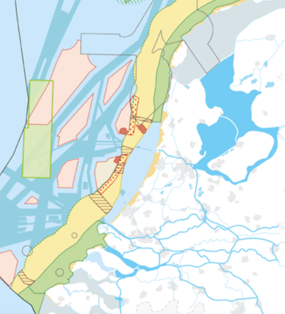 In de gele zone mag Rijkswaterstaat de bodem beroeren, de roze gebieden zijn voor de windsubsidie-industrie