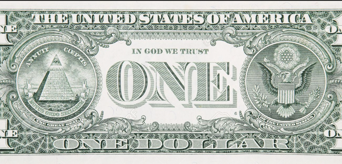 Geld regeert: het 1 dollar-biljet met het pyramide-symbool. Het topstukje symboliseert de 'hogere kennis' die niet voor de onderkant beschikbaar mag zijn. 