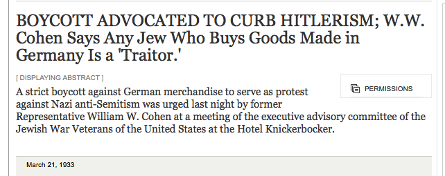 Een week VOOR de Duitse boycot van Joodse winkels.....die was reactie op de Joodse boycot van Duitsland, die in Amerika succes kreeg