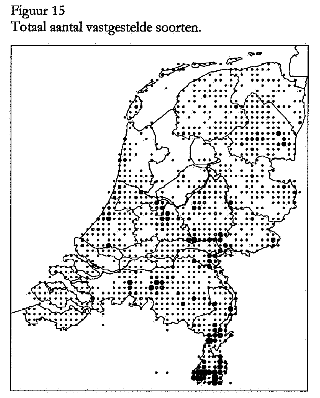 Screenshot voorlopige Atlas bijen 1998. Zwaartepunt soortenrijkdom ligt in het warmere Zuid Limburg