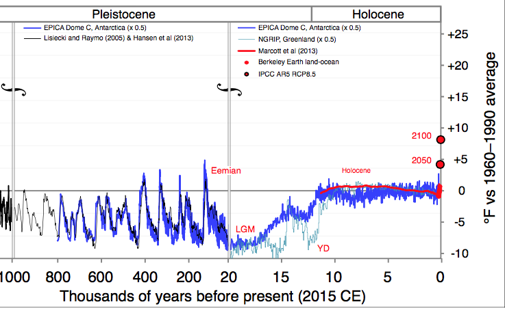 De rode lijn van Marcott et al 2013 toont een gestage afkoeling sinds Holocene Optimum, maar het blupje op het eind is een valse Hockeystick