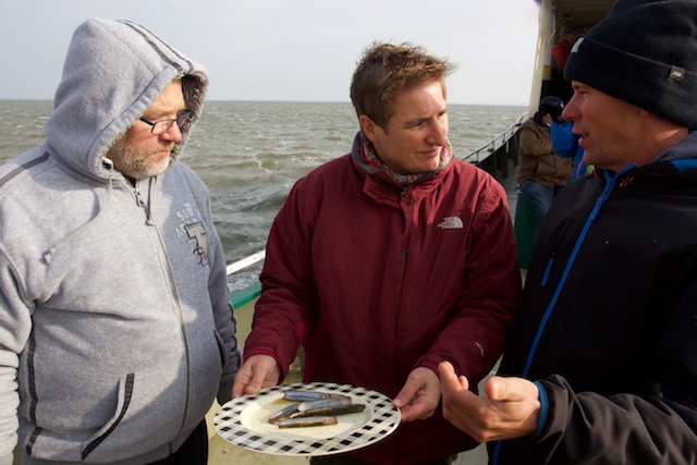 Opdienen van mesheften, met vissers Dirk Koster, Herman Blom en Karin Zegwaard van SBB