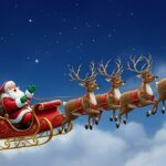 Santa,Claus,On,Sleigh,Flying,Sky,With,12,Reindeers