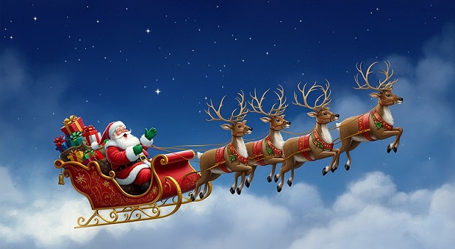 Santa,Claus,On,Sleigh,Flying,Sky,With,12,Reindeers